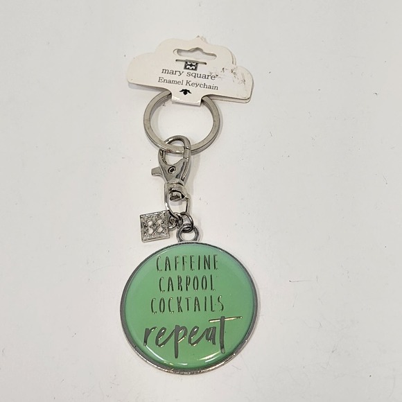 Mary Square Teal Mint Green Enamel Keychain Caffeine Carpool Cocktails Repeat - Picture 1 of 5